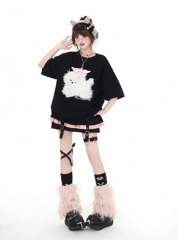 Black/Light Blue/Light Gray Plush Puppy Applique Loose T-Shirt