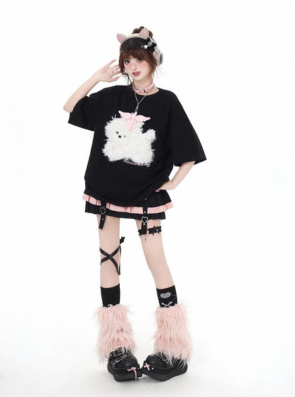 Black/Light Blue/Light Gray Plush Puppy Applique Loose T-Shirt