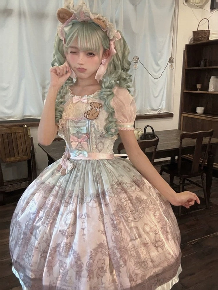 Rose & Mint Short Sleeve OP Gown with Bear Motif - Lunethe