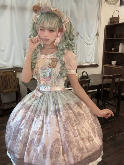 Rose & Mint Short Sleeve OP Gown with Bear Motif - Lunethe