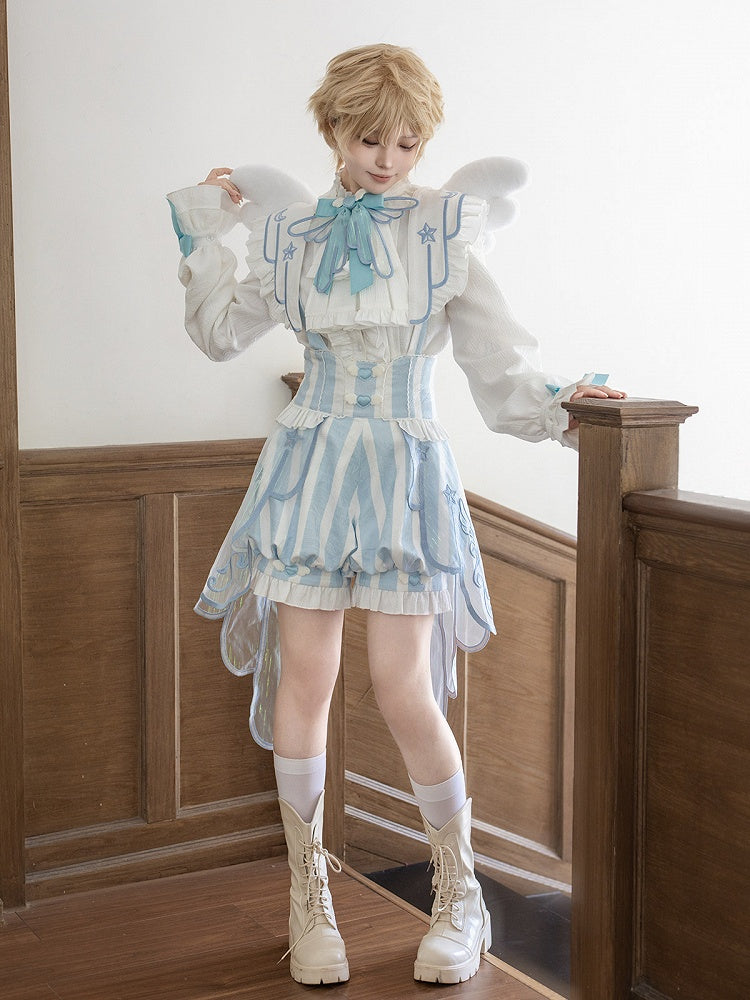 White & Blue Long Sleeves Ouji Style Lolita Shirt + Striped Lolita Suspender Bloomer Shorts with Angel Wing Train Set - Unknown Star