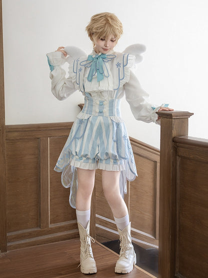 White & Blue Long Sleeves Ouji Style Lolita Shirt + Striped Lolita Suspender Bloomer Shorts with Angel Wing Train Set - Unknown Star