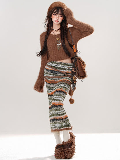 Brown Round Neck Cropped Sweater Pompom Details Striped Knit Bodycon Skirt Set