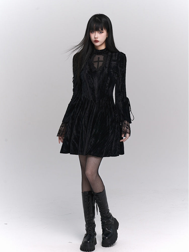 Black Gothic Cross Lace Trim Dress with Lace-up Detail at Bell Sleeves