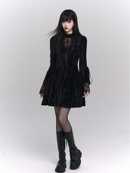 Black Gothic Cross Lace Trim Dress with Lace-up Detail at Bell Sleeves