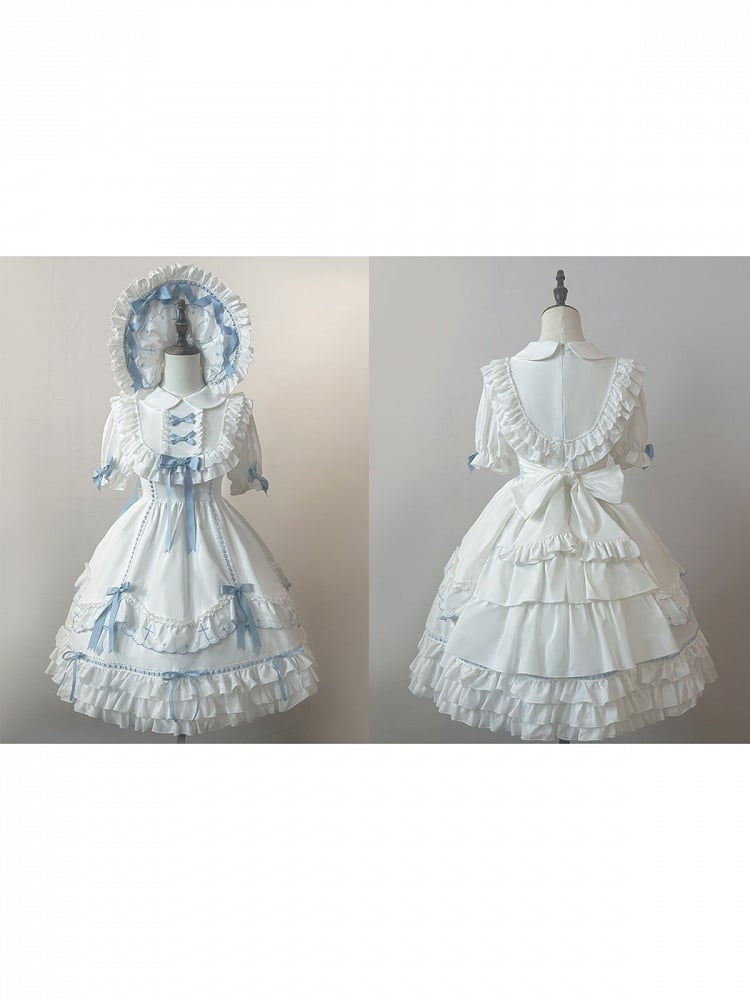 Short Sleeve Sweet Lolita OP with Bow Accent & Ruffle Details in Blue & White - MUYU