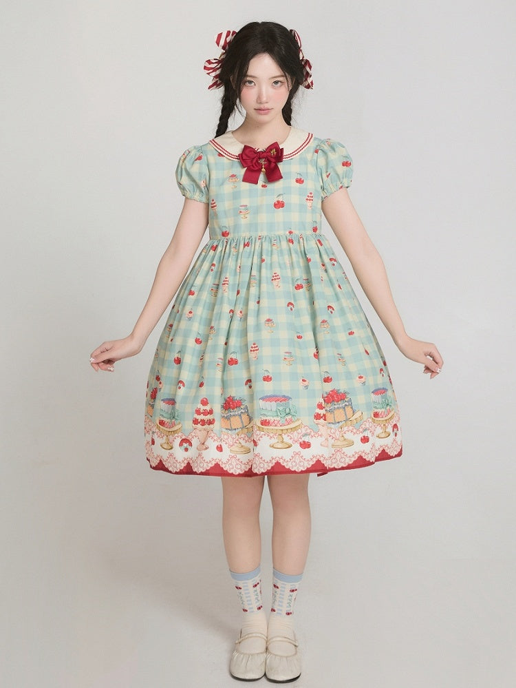 ミントグリーンのハイウエストチェリー＆デザートプリントのスイートロリータギンガムドレス