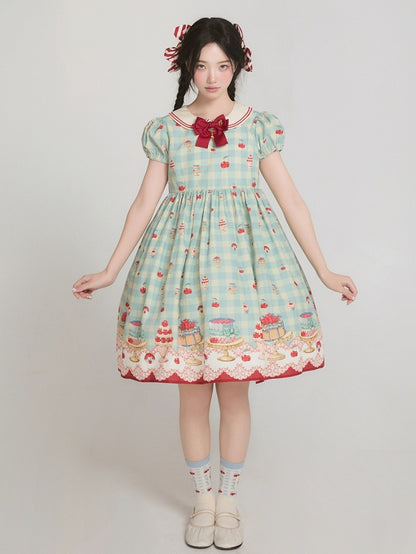 ミントグリーンのハイウエストチェリー＆デザートプリントのスイートロリータギンガムドレス