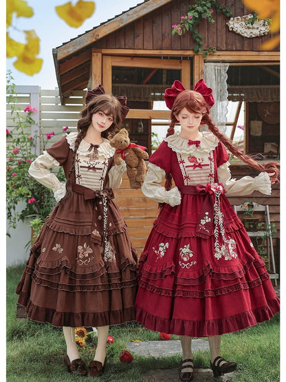 Brown Acorn & Squirrel Embroidered Lolita OP Dress with Peter Pan Collar, Ruffles, Belt, Brooch & Bow Hairclip - With PUJI