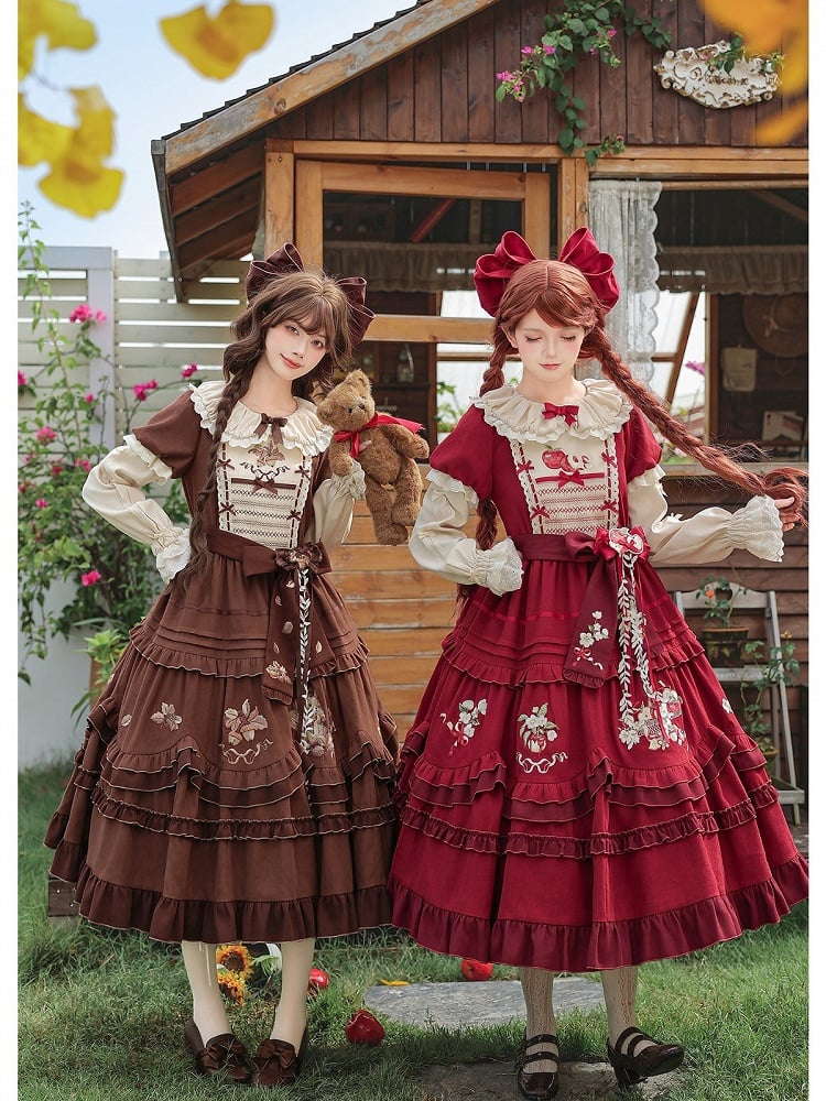 Wine Red Apple Embroidered OP Dress Set with Peter Pan Collar, Long Sleeves, Ruffle Trim, Belt, Brooch & Bow Hairclip - With PUJI