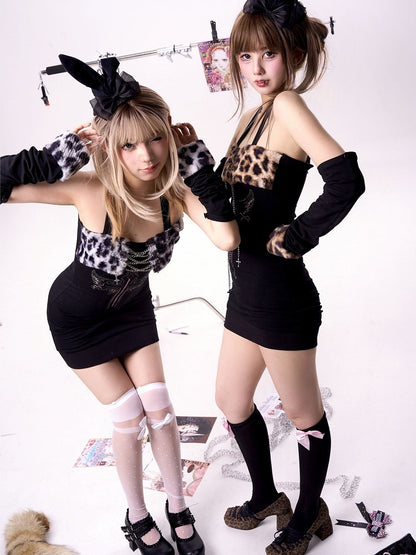 ギャルファッション ブラウン ヒョウ柄 プラッシュヘム クロス＆ウィングプリント グラマラスドレス