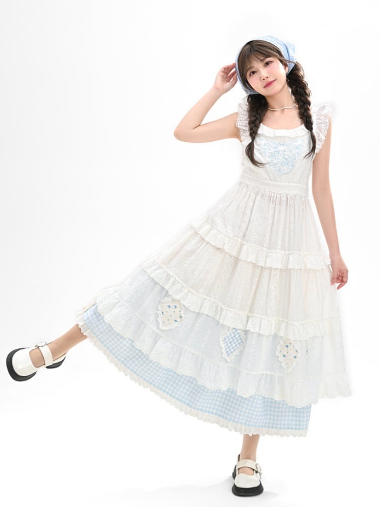 Weiße Flatterärmel Spitzenrock Patch Blaue Borte Cutton Stickerei Plaid Tiered Overdress