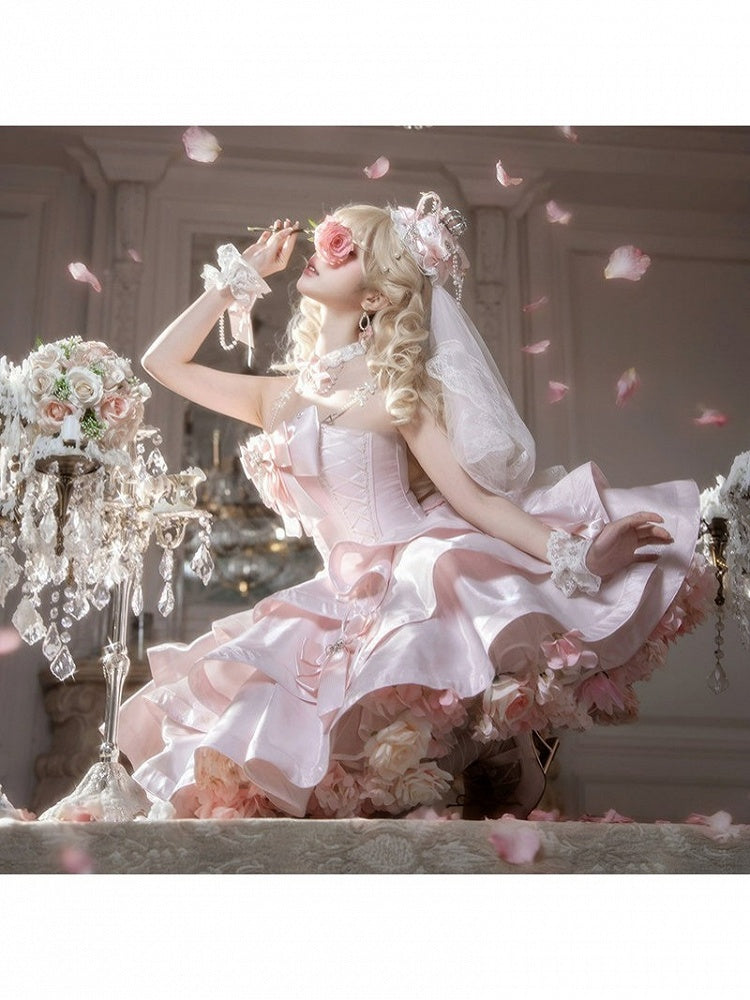 Pink Floral Fantasy Lolita Petticoat with 3D Flowers - Reverie Covenant