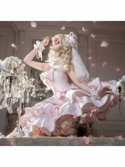 Pink Floral Fantasy Lolita Petticoat with 3D Flowers - Reverie Covenant