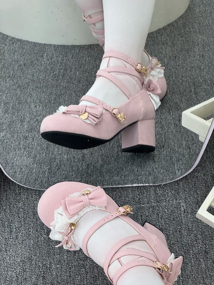 Pink Janes Bow Accents - Lolita Mary Mid-heel Sweet with Design Velvet