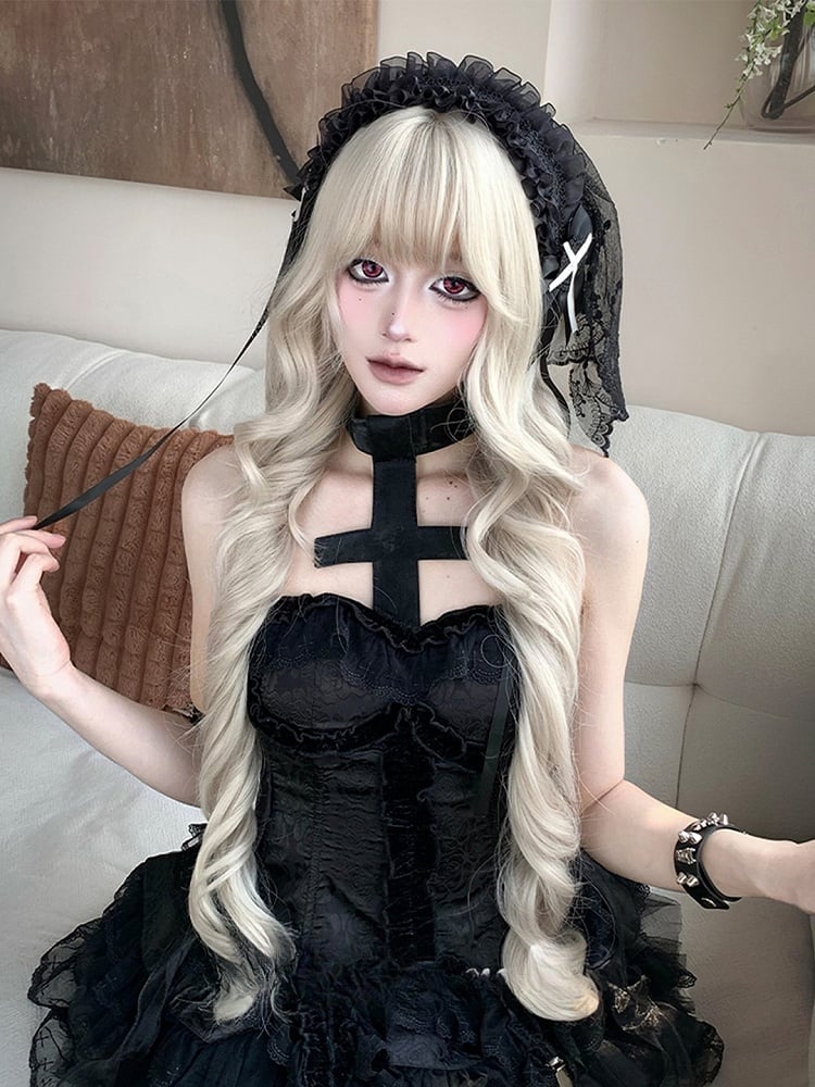 90cm Synthetic Bangs Long Blonde With Full Wig Wavy Light