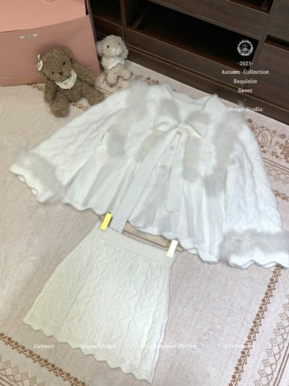 Skirt Knit Top Set Vintage Cable-Knit Frayed-Trim Wool Luxe