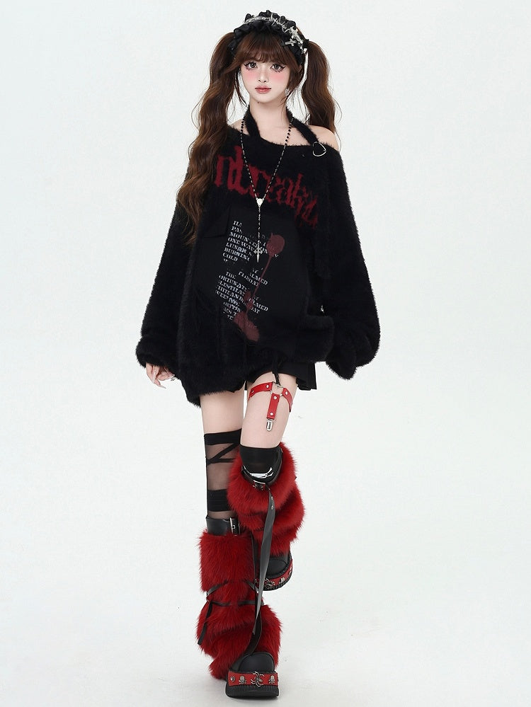 Graphic Halter Bittersweet with Letter Black Sweater Loose Neck