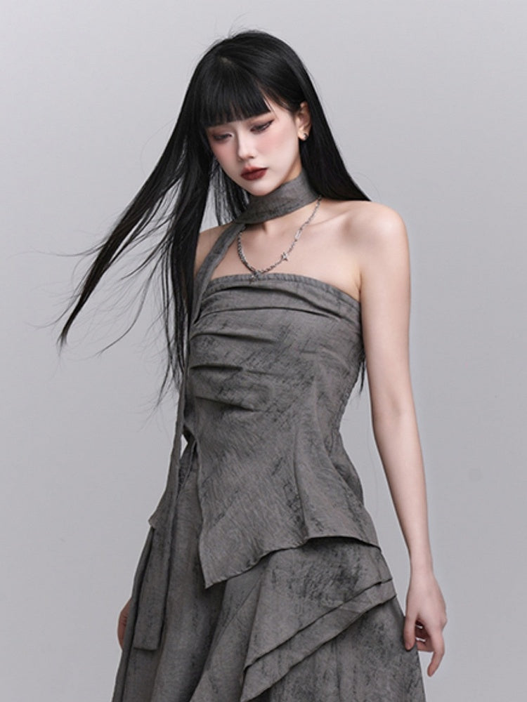Gray Splatter Punk Matching Layered with Asymmetric Wasteland Neck Ruching Strap Bustier