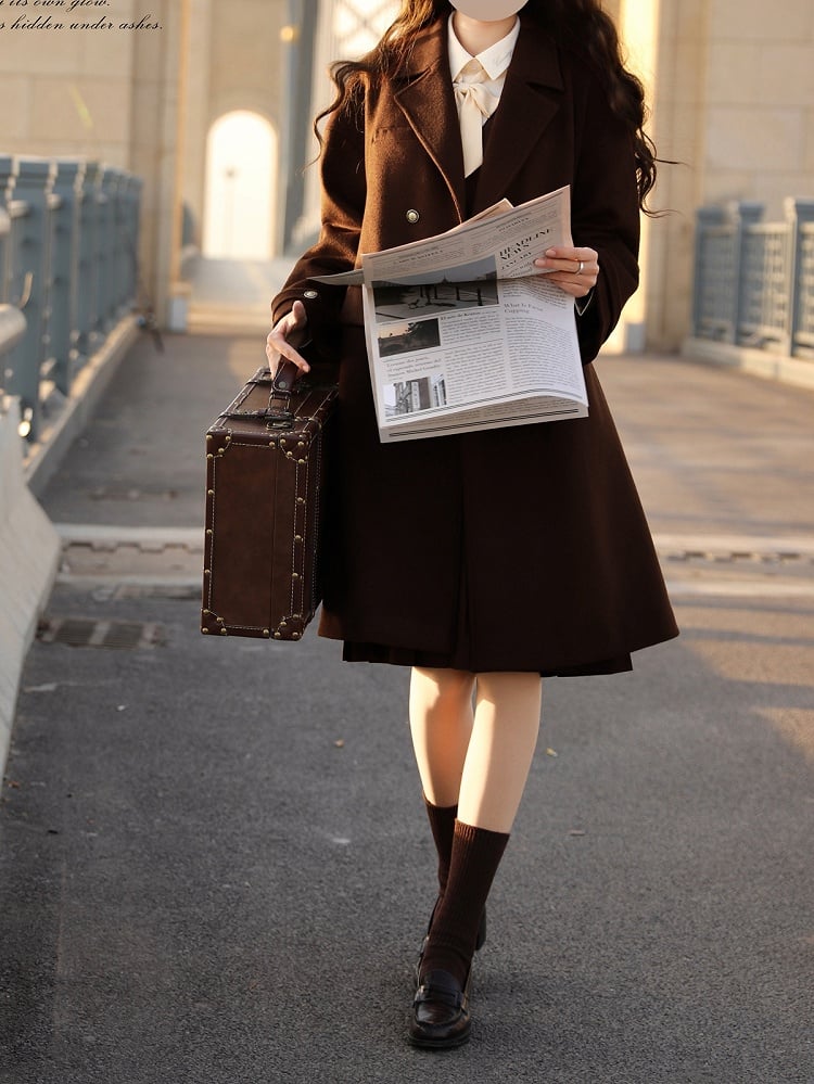 Brown Notched Collar Double-Breasted Woolen Coat
