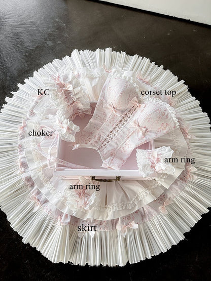 White Skirt Floral-Print Rings + Pink Full KC Top Set Corset Arm Choker