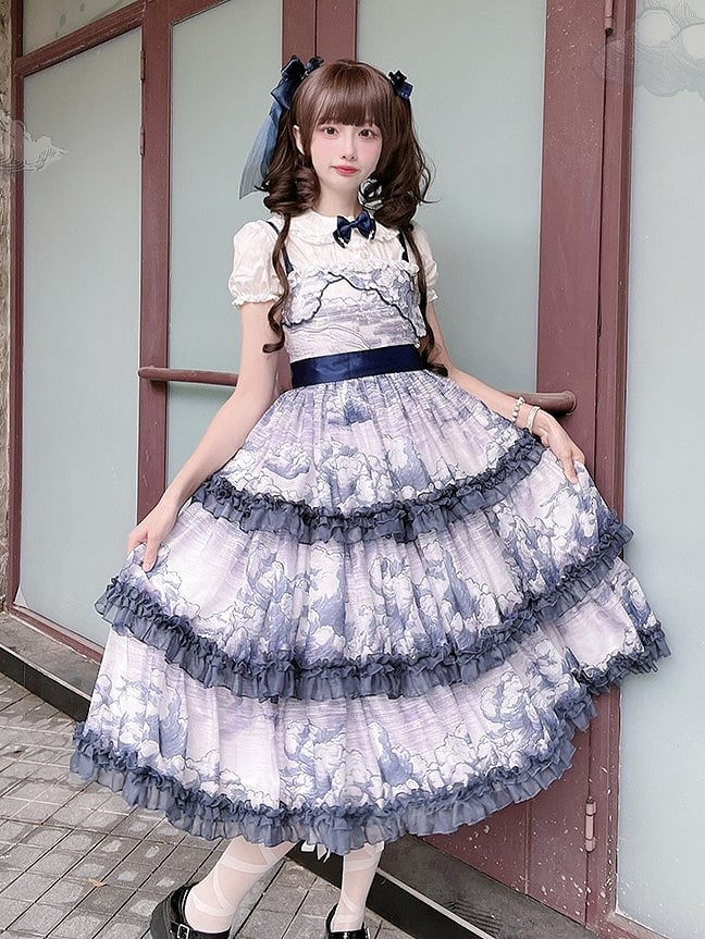 Robe Élégante Imprimé Classique Couches Nuageuses Lolita Volants Bleu Blanc