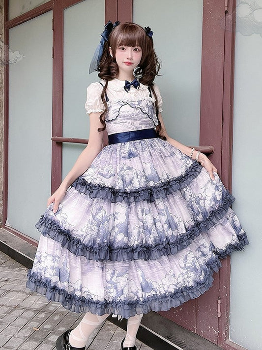Dress Elegant Print Classic Cloud Layers Lolita Ruffled Blue White