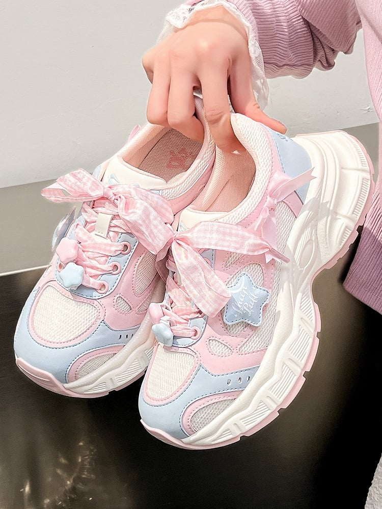 Sneakers Lolita Pink Pattern Plaid Sweet - Lace-Up Blue Closure