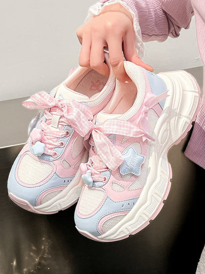 Sneakers Lolita Pink Pattern Plaid Sweet - Lace-Up Blue Closure