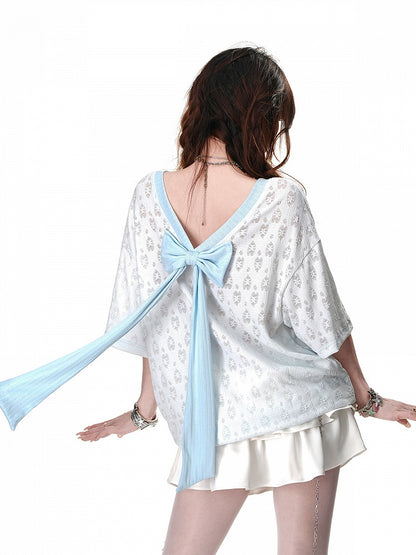 Blue/White Semi-sheer Bowknot Print Backless T-Shirt with Bow