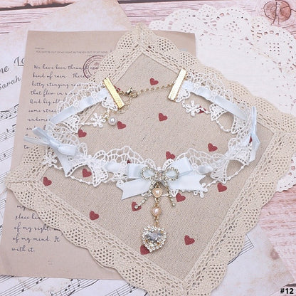 Kei 12 Heart Rhinestone Lace Choker Jirai Bowknot Options Color