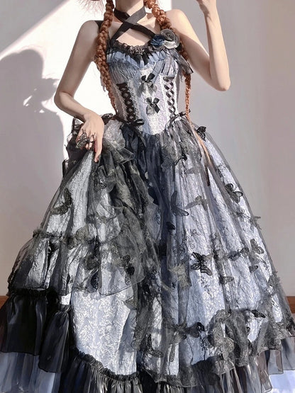 Details Floral Embossed Black Hanayome-style with Blue Lace and Dress Hime Bow Dark Lolita