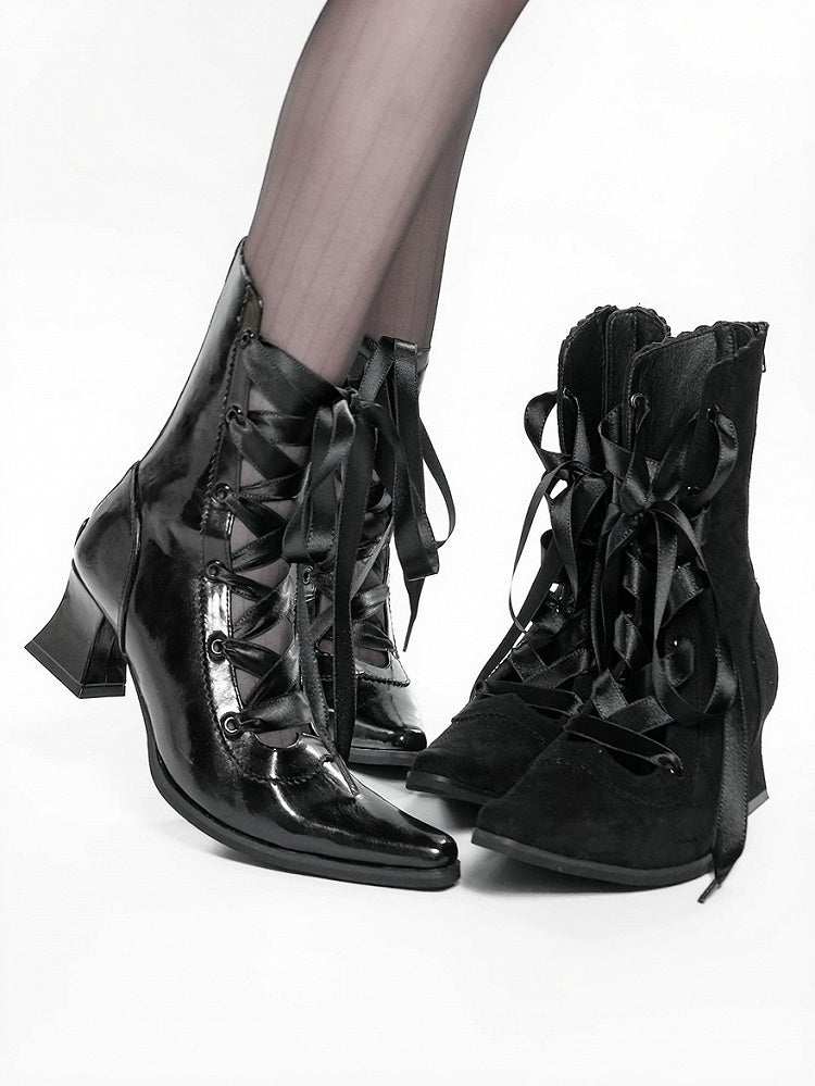 Polished Gothic Pointed-Toe Boots, Lace-Up & Back Zip, Black - EvilStar