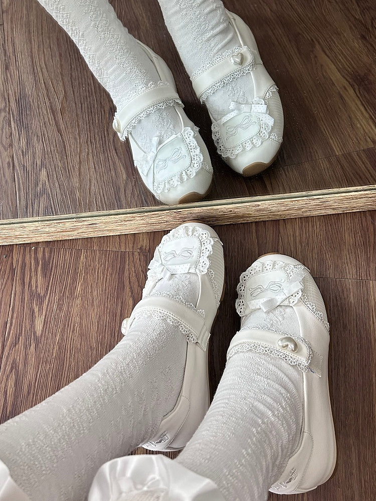 Heart-Adorned Bow Velcro Trim Sweet - Details Flat Lolita Lace Straps White Shoes