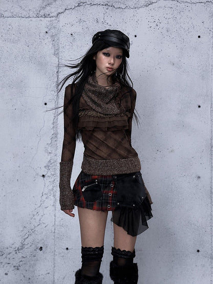 Long Lace Trim Vintage Sleeve Top Crisscross Dark with Pattern Ruffle Stripe Green Punk