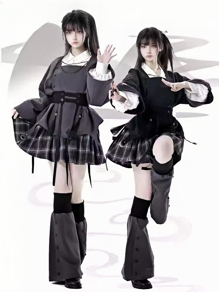 スカート ダークグレー チェック柄 ウエストゴム 太もも丈