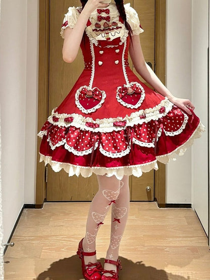 Strawberry-Print JSK Dress with Polka-Dot Bow & Peter Pan Collar Blouse Set - Day Rabbit
