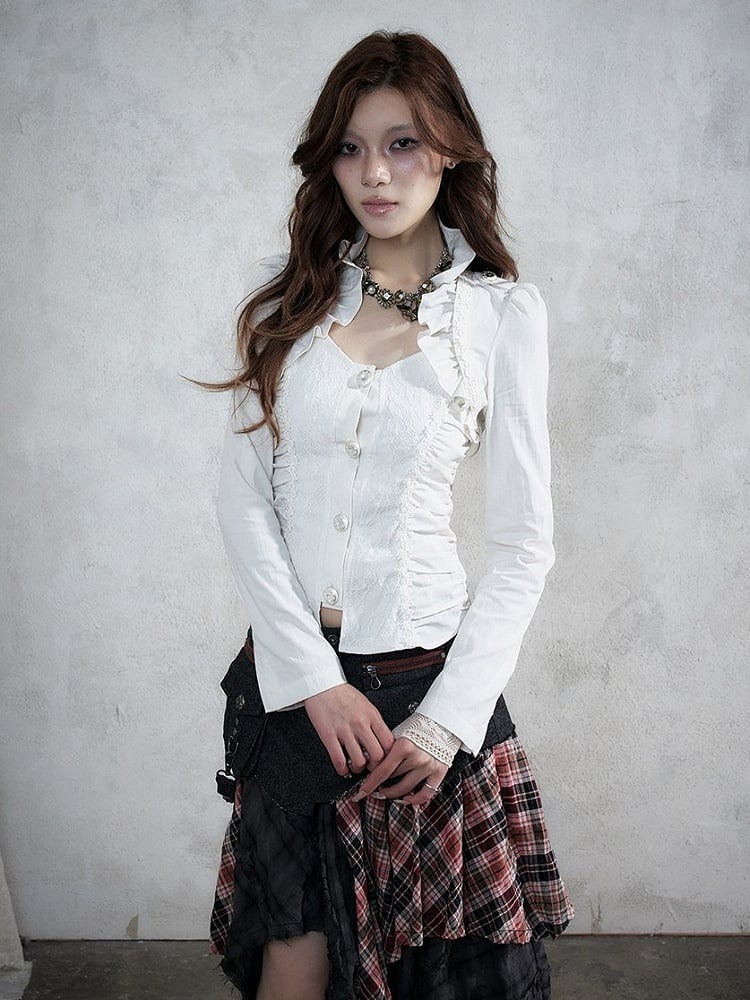 Rococo Punk White Faux Two-Piece Long Sleeve Blouse with Lace and Ruffle Trim - NO ROMANCE