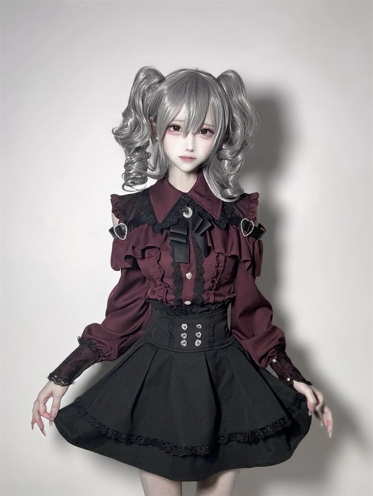Jirai Button Blouse: Red Sweetheart Closure Wine Kei
