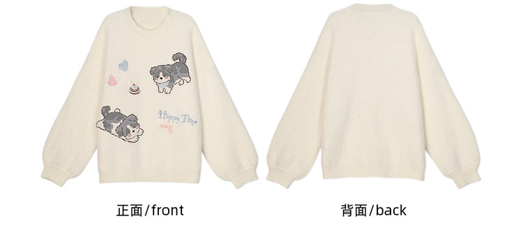 白いかわいい子犬柄のラウンドネックルーズセーター