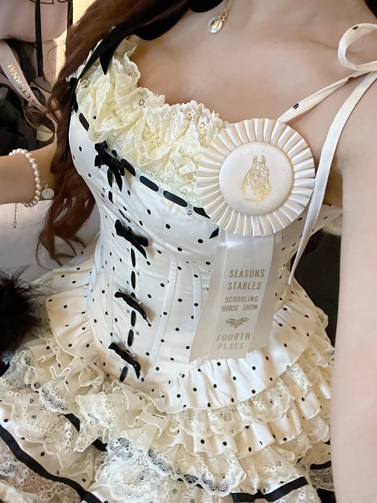 ベージュの水玉模様の蝶結びレーストリムコルセットキャミソールトップ