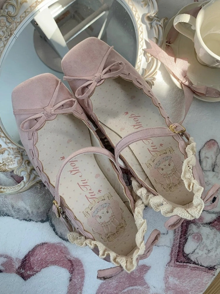 Mid - Toe Bow Lolita Pink Elegant for Square Heel Mary Janes Accent with