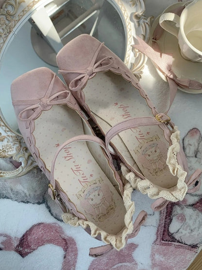 Mid - Toe Bow Lolita Pink Elegant for Square Heel Mary Janes Accent with