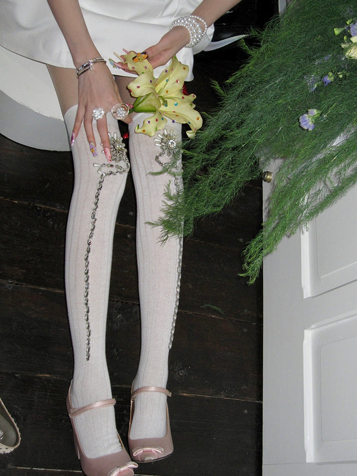 Over-knee Pink/White Rhinestone Floral Decorated Stockings