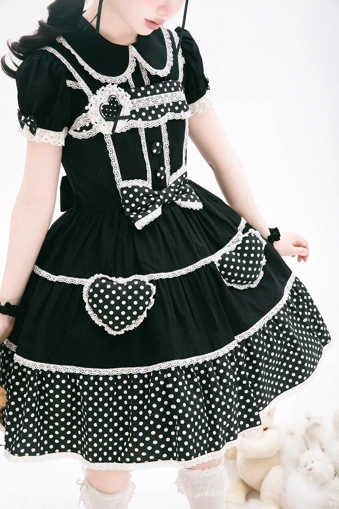 Kleid Schule Polka Alt Schwarz Baumwolle Weiß Punkte Lolita