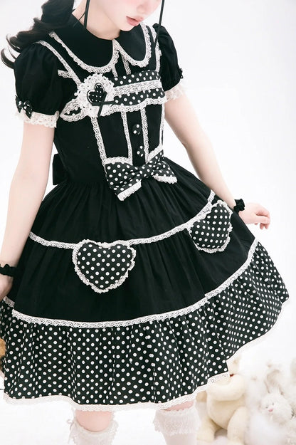Kleid Schule Polka Alt Schwarz Baumwolle Weiß Punkte Lolita