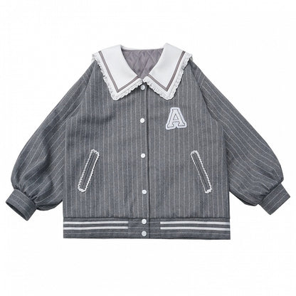 Plush Jacket Striped Preppy Letter Style Gray Patch Baseball -