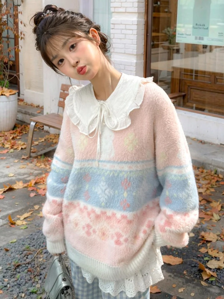 ピンクのかわいいウサギ柄ラウンドネックソフトセーター