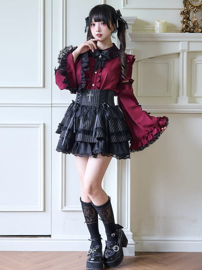 Jirai Kei Detail with Lace Bow Blouse Red Wine Bell-Sleeve Rhinestone