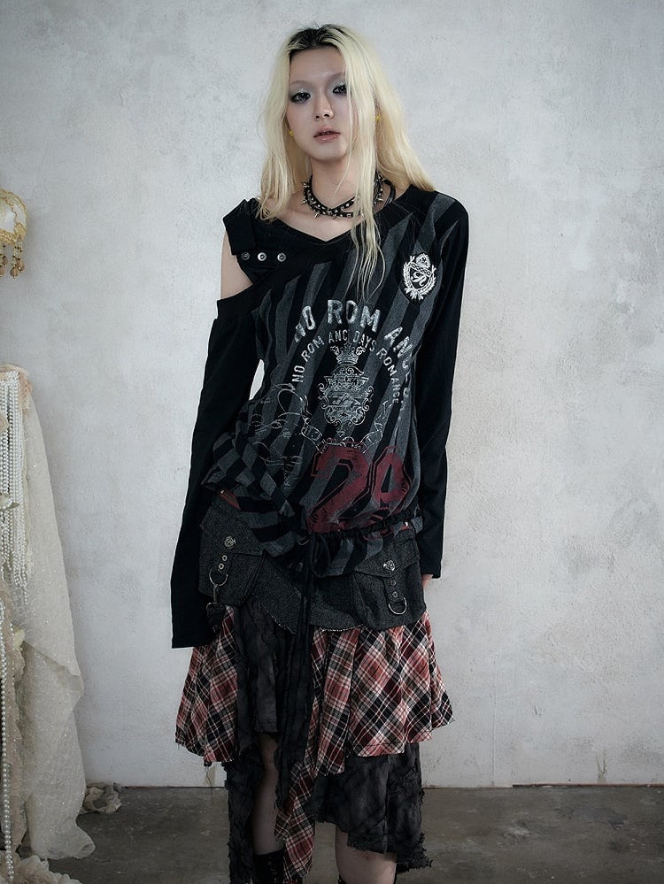 Black & Grey Striped Asymmetric Shoulder Long Sleeve Top with Letter Print & Drawstring Hem, Faux Two-Piece Punk Casual - NO ROMANCE
